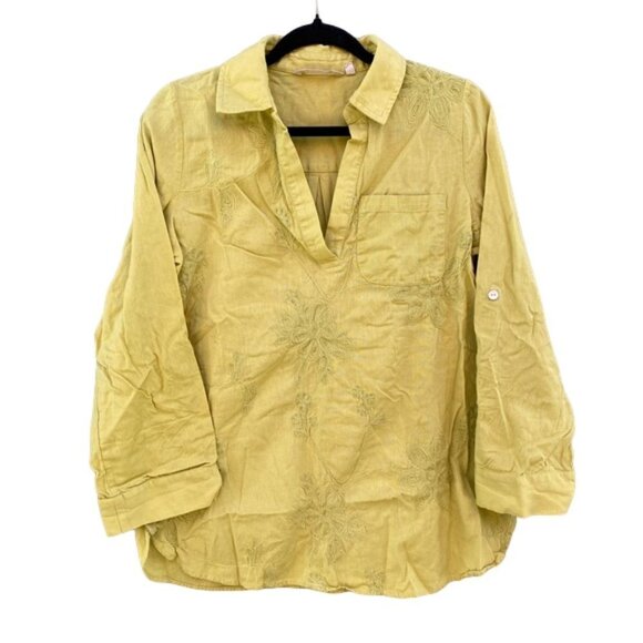 Soft Surroundings Green Livvie Linen Blend Floral Embroidered Roll Tab Tunic - Picture 1 of 10